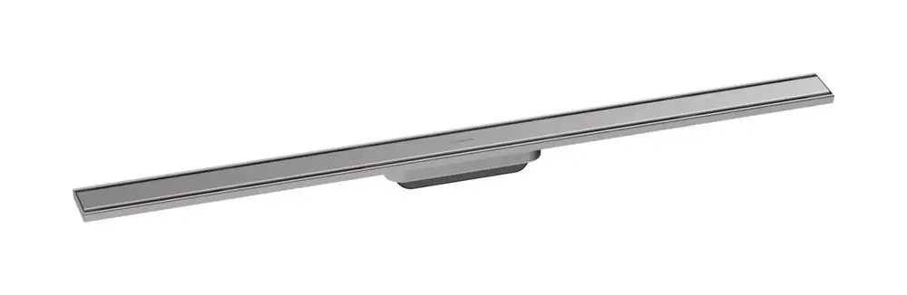 Duschrinne aus Edelstahl mit gerader Form und minimalistischer Gestaltung. Produkt von Hansgrohe, geeignet für die Bodenentwässerung in Duschen.